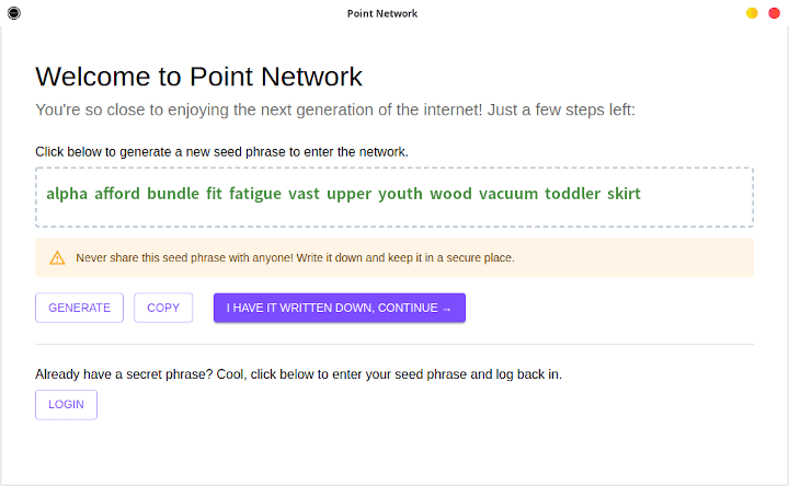Seed phrase Point Network